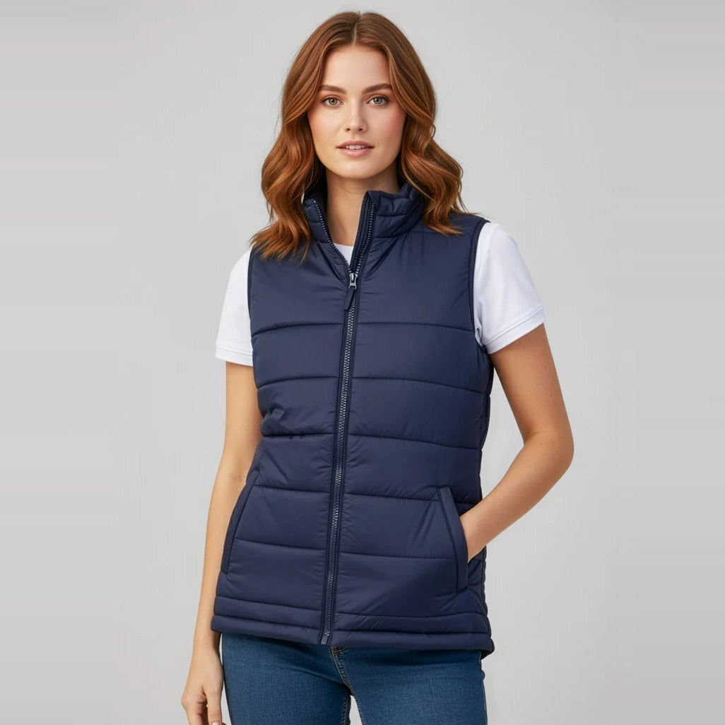 Alpine Womens Vest J211L worn by model in Navy