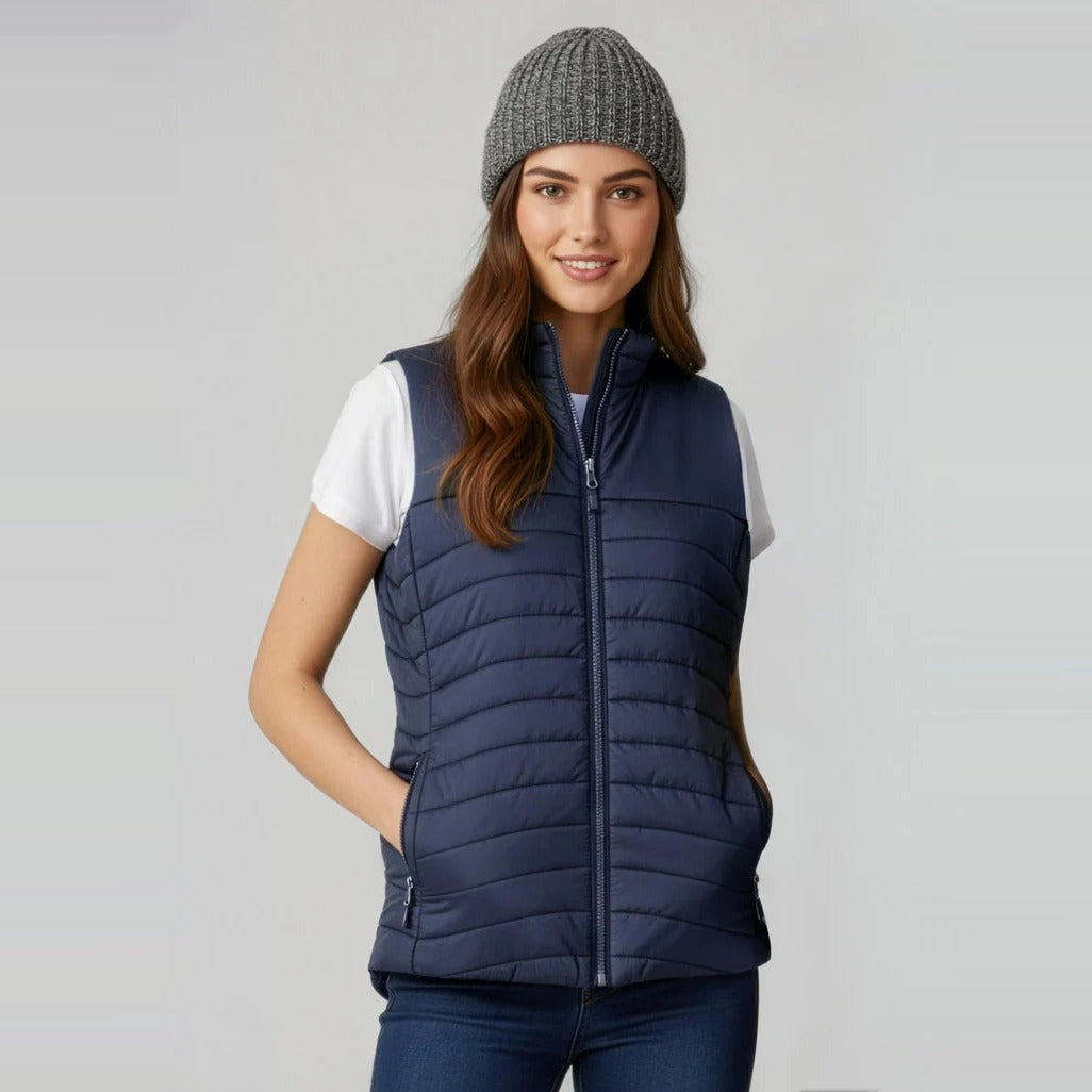 Expedition Womens Vest J213L worn by model in Navy