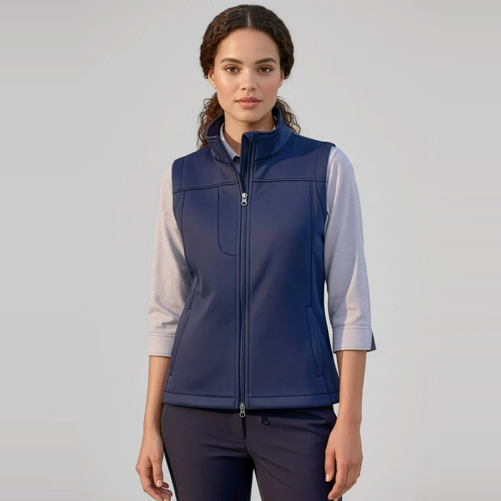 Softshell Womens Vest J29123 worn by model in Navy