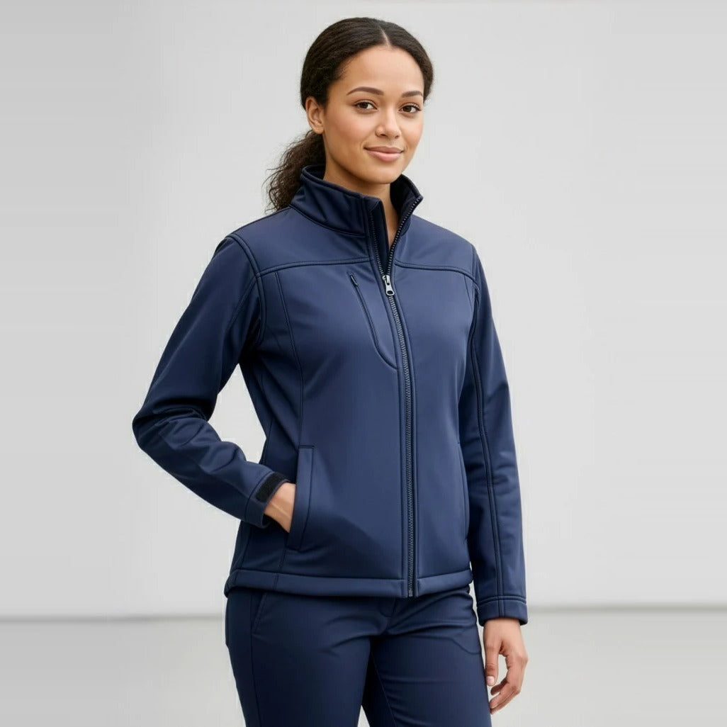 Softshell Womens Jacket J3825 worn by model in Navy