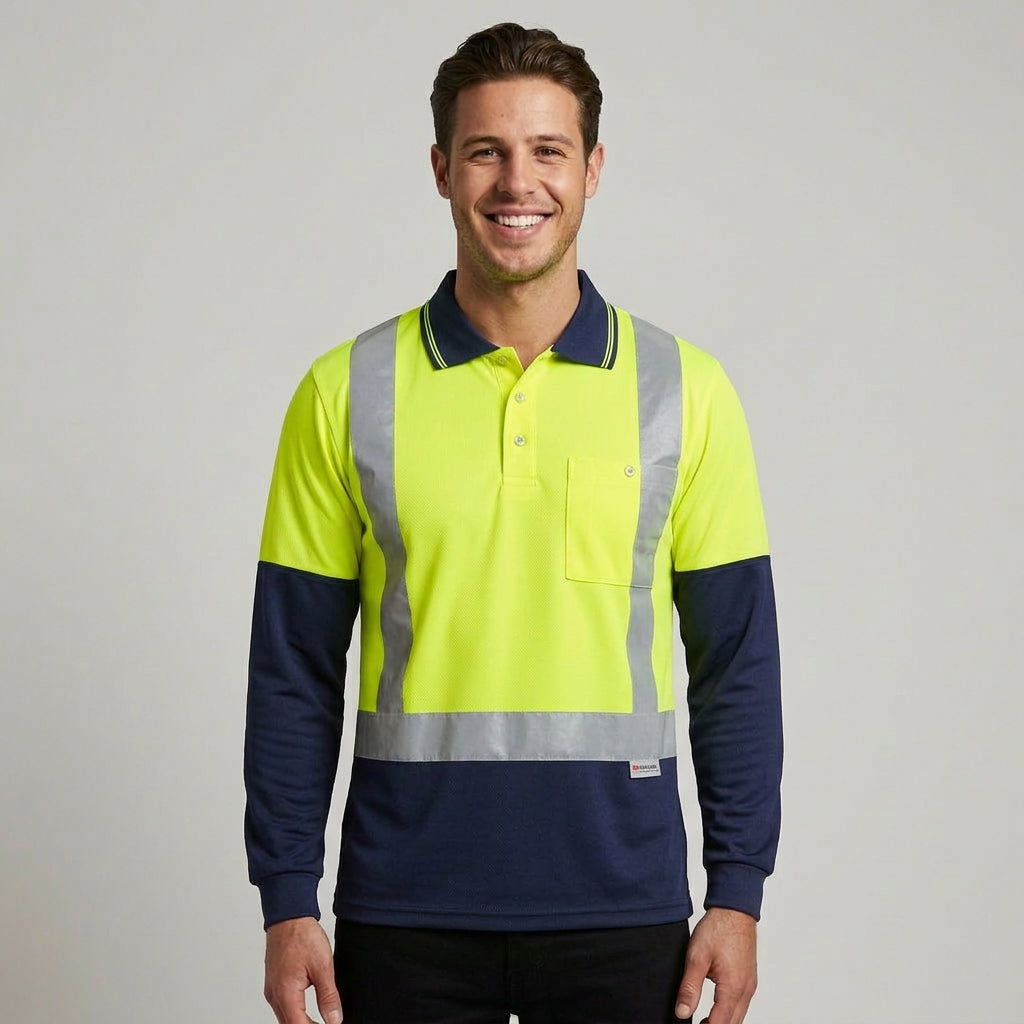 Mens Hi Vis Spliced Long Sleeve Polo - Shoulder Taped ZH234