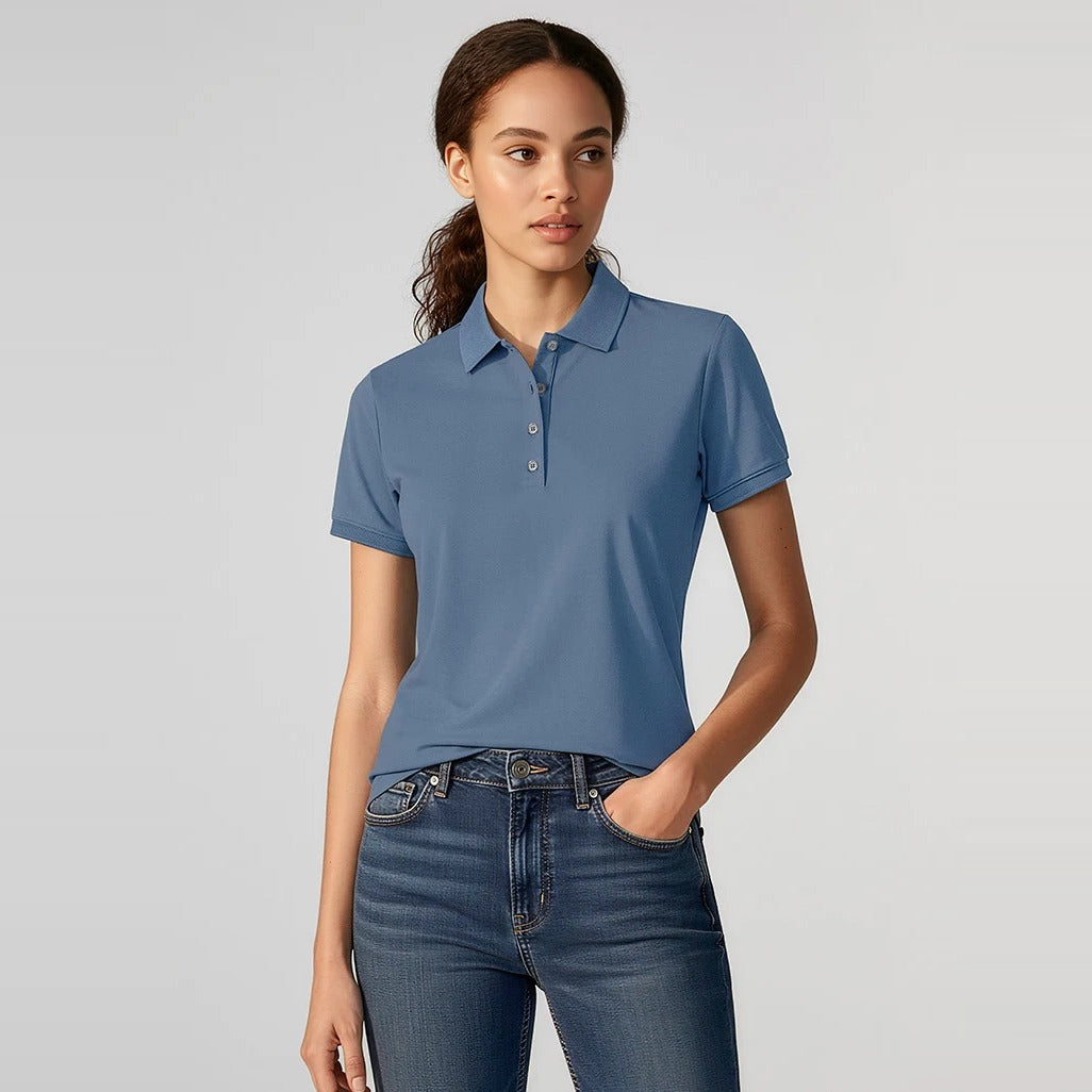 Womens City Short Sleeve Polo P105LS worn by model in Grey Smoke