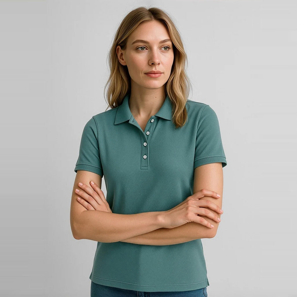 Womens City Short Sleeve Polo P105LS worn by model in Jasper Green