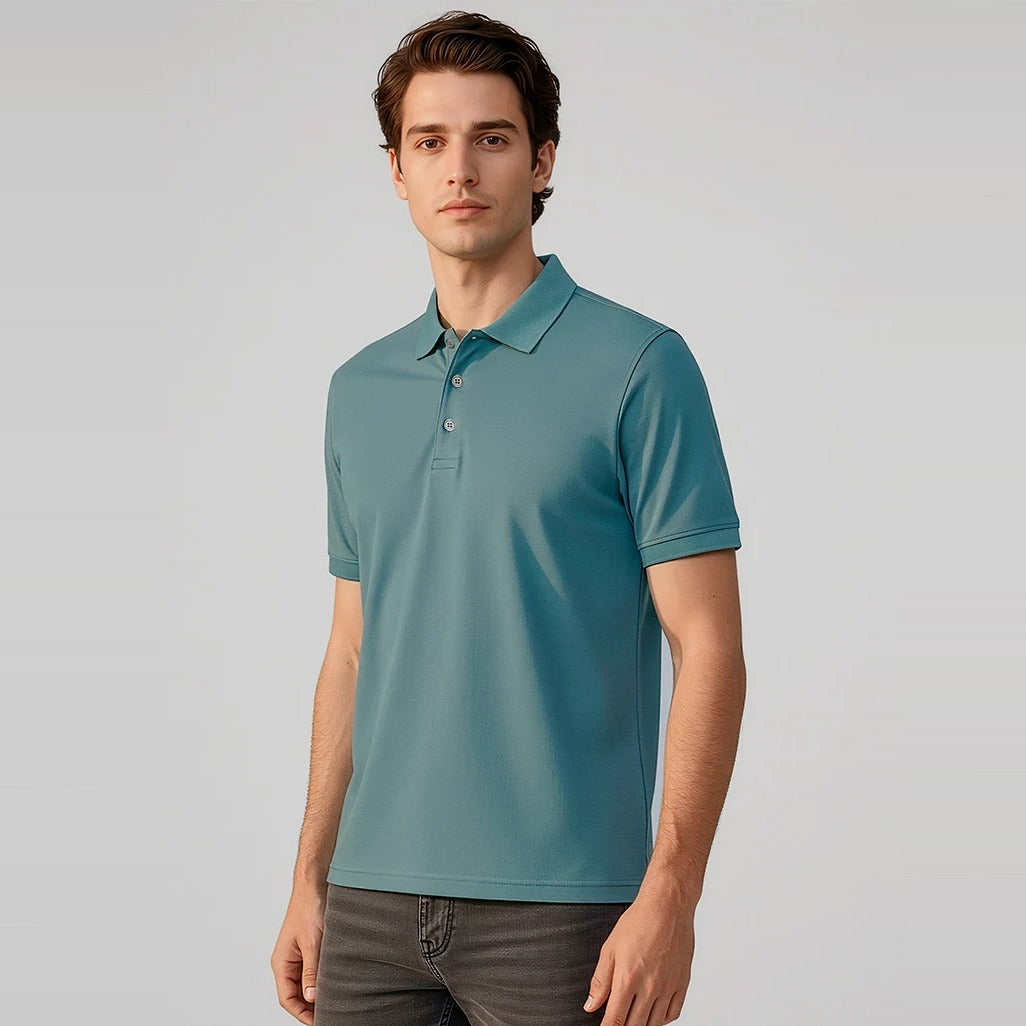Mens City Short Sleeve Polo P105MS worn by model in Jasper Green