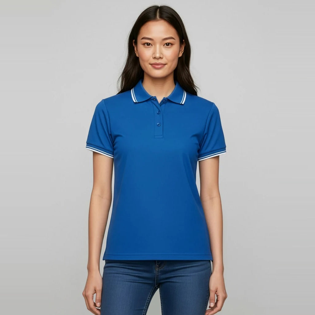 Womens Cambridge Short Sleeve Polo P227LS worn by model in Royal/White/White