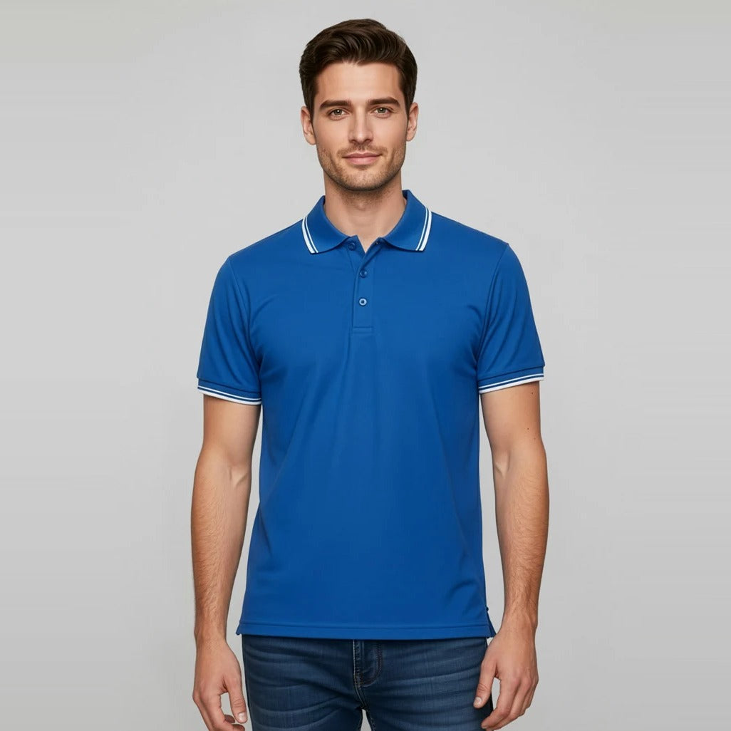 Mens Cambridge Short Sleeve Polo P227MS worn by model in Royal