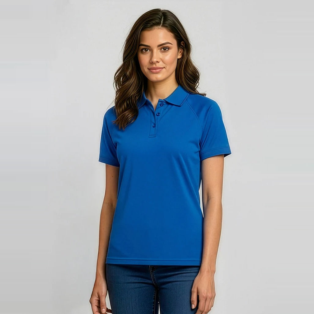 Womens Sprint Short Sleeve Polo P300LS worn by model in Royal