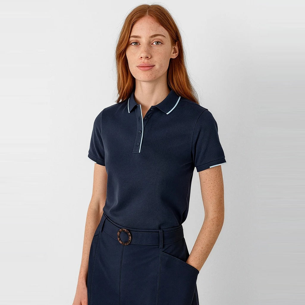 Womens Focus Short Sleeve Polo P313LS worn by model in Navy/Sky