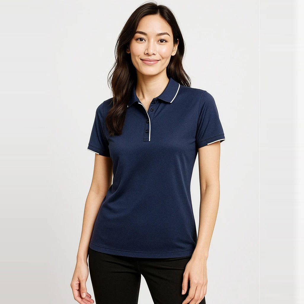 Womens Focus Short Sleeve Polo P313LS worn by model in Navy/White