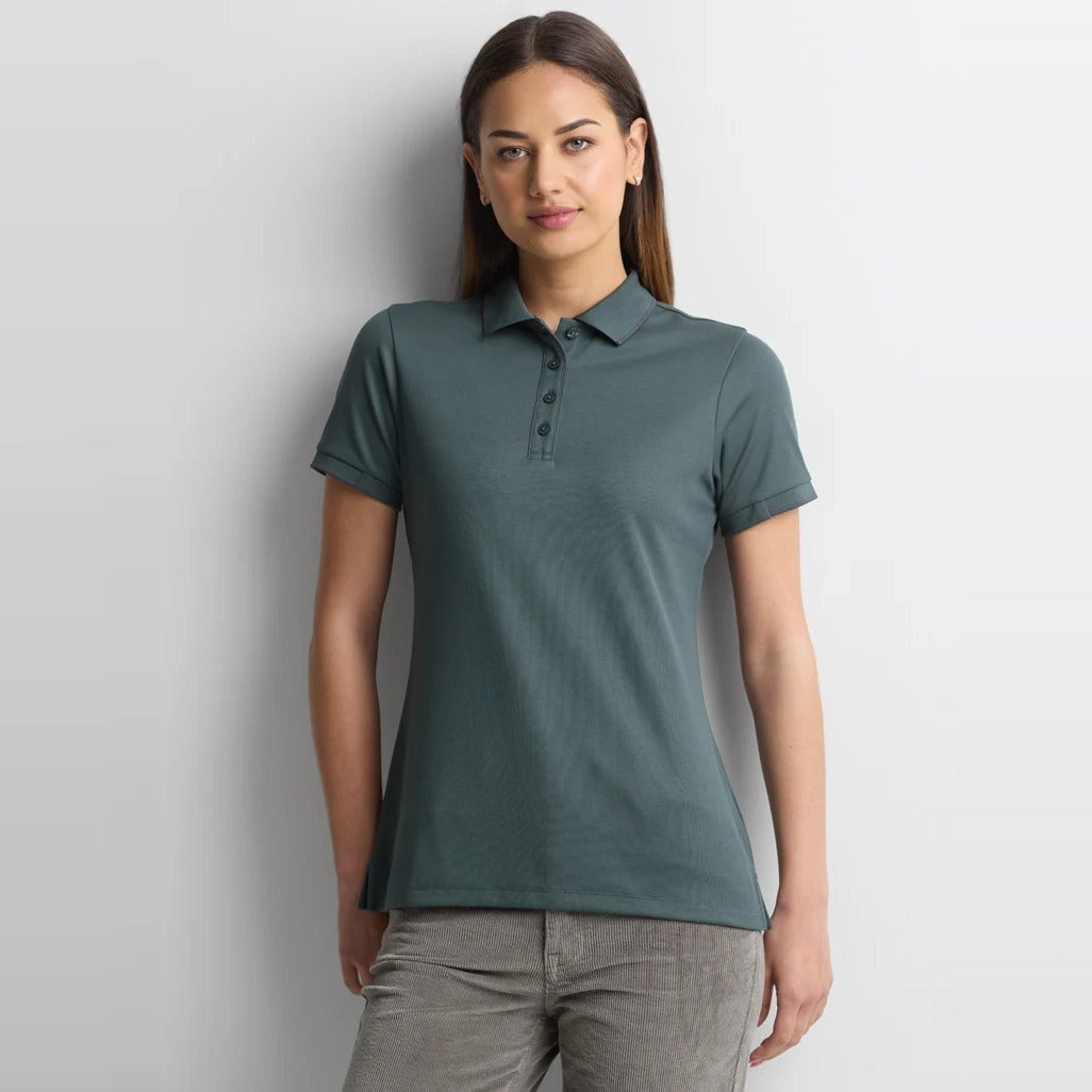 Womens Focus Short Sleeve Polo P313LS worn by model in Seafoam/Charcoal