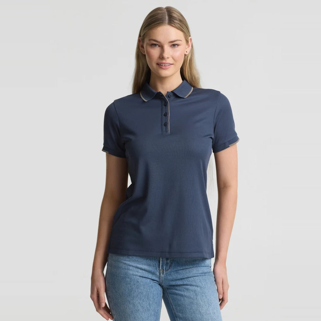 Womens Focus Short Sleeve Polo P313LS worn by model in Storm Blue/Taupe