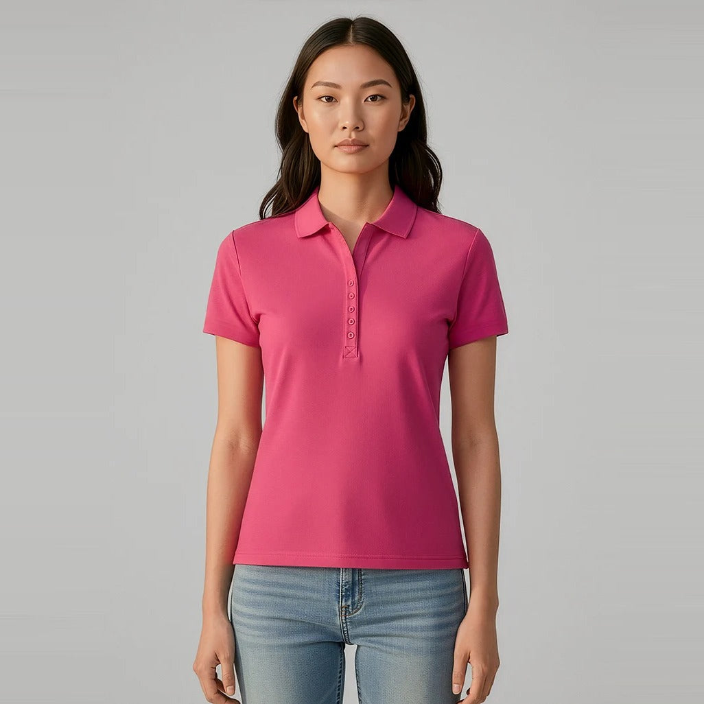 Womens Crew Short Sleeve Polo P400LS worn by model in Fuchsia