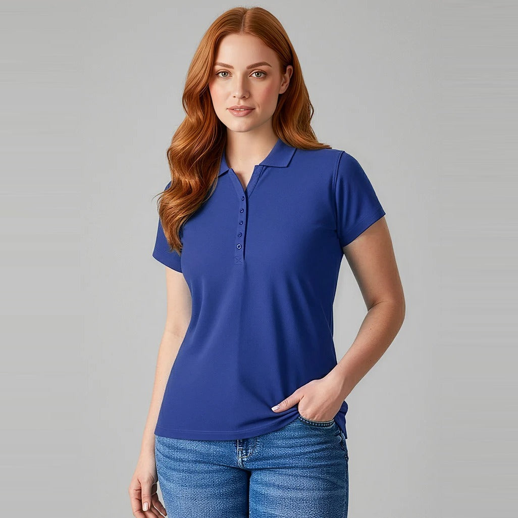 Womens Crew Short Sleeve Polo P400LS worn by model in Royal