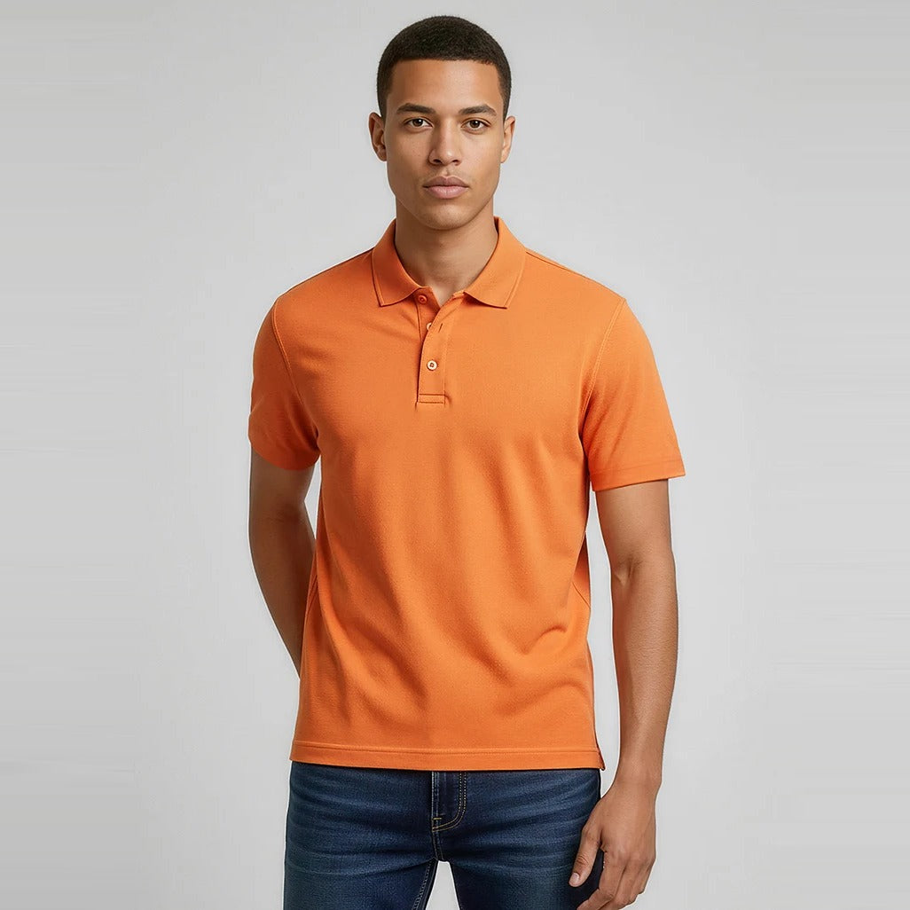 Mens Crew Short Sleeve Polo P400MS worn by model in Orange