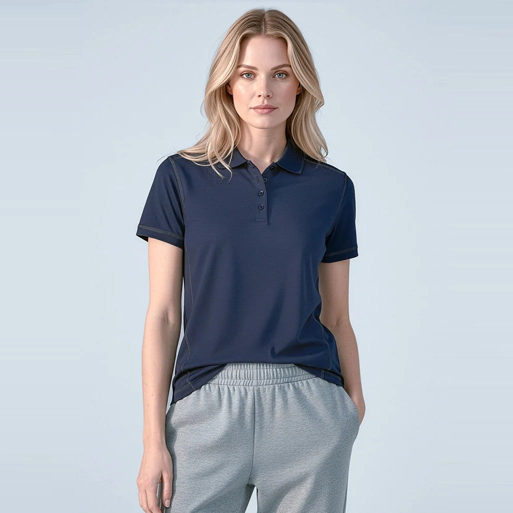 Womens Dart Short Sleeve Polo P419LS worn by model in Navy/Navy