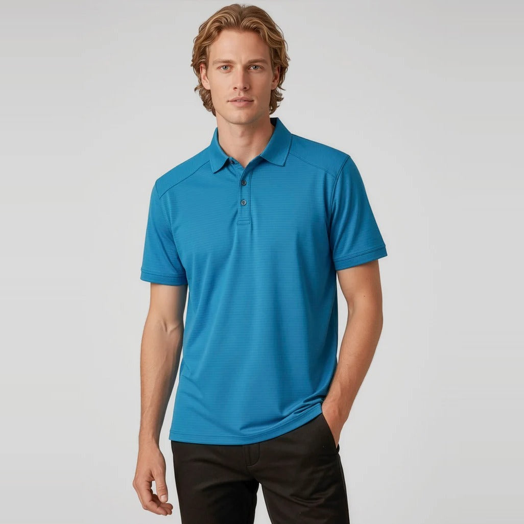 Mens Profile Short Sleeve Polo P706MS worn by model in Cyan