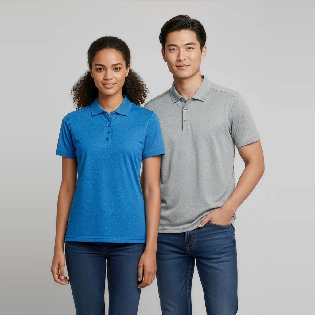 Womens Aero Short Sleeve Polo P815LS worn by model in Cyan