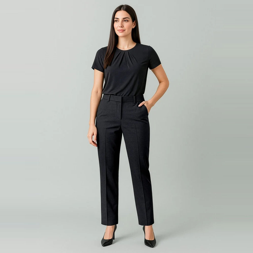 Renew Womens Tapered Adjustable Waist Pant RGP404L worn by model in Pencil Black
