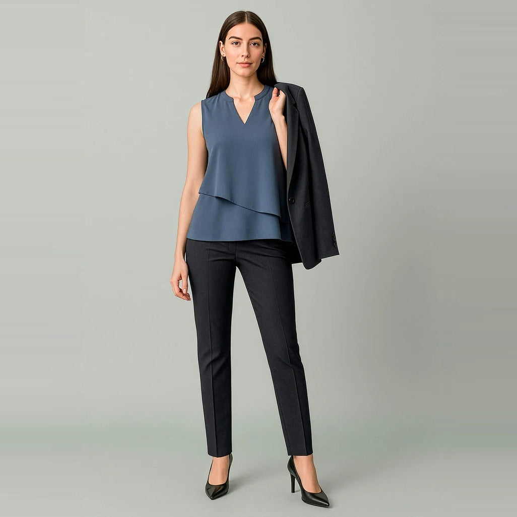 Renew Womens Mid-Waist Slim Leg Pant RGP405L worn by model in Pencil Black
