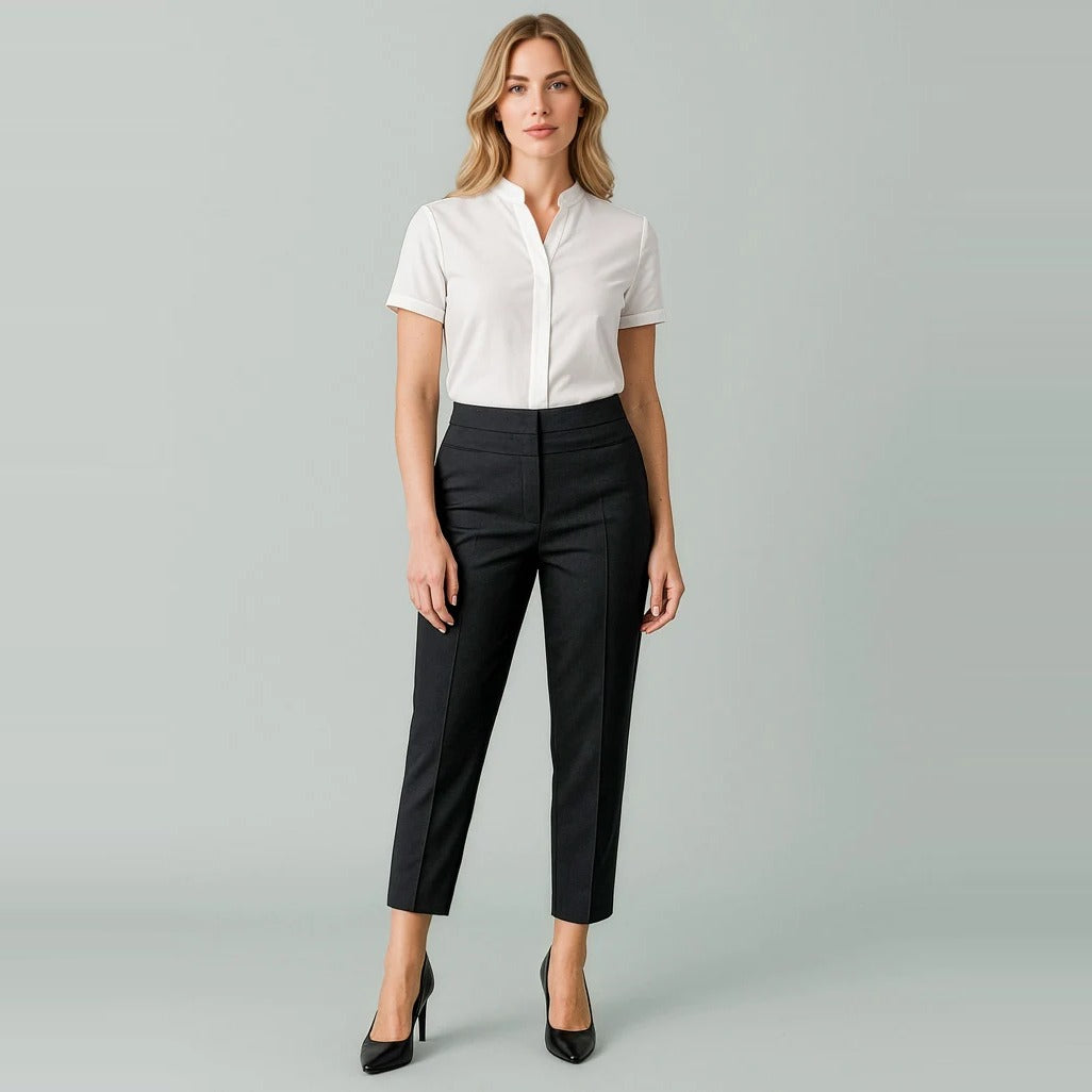 Renew Womens 7/8 Mid-Waist Slim Leg Pant RGP406L worn by model in Pencil Black