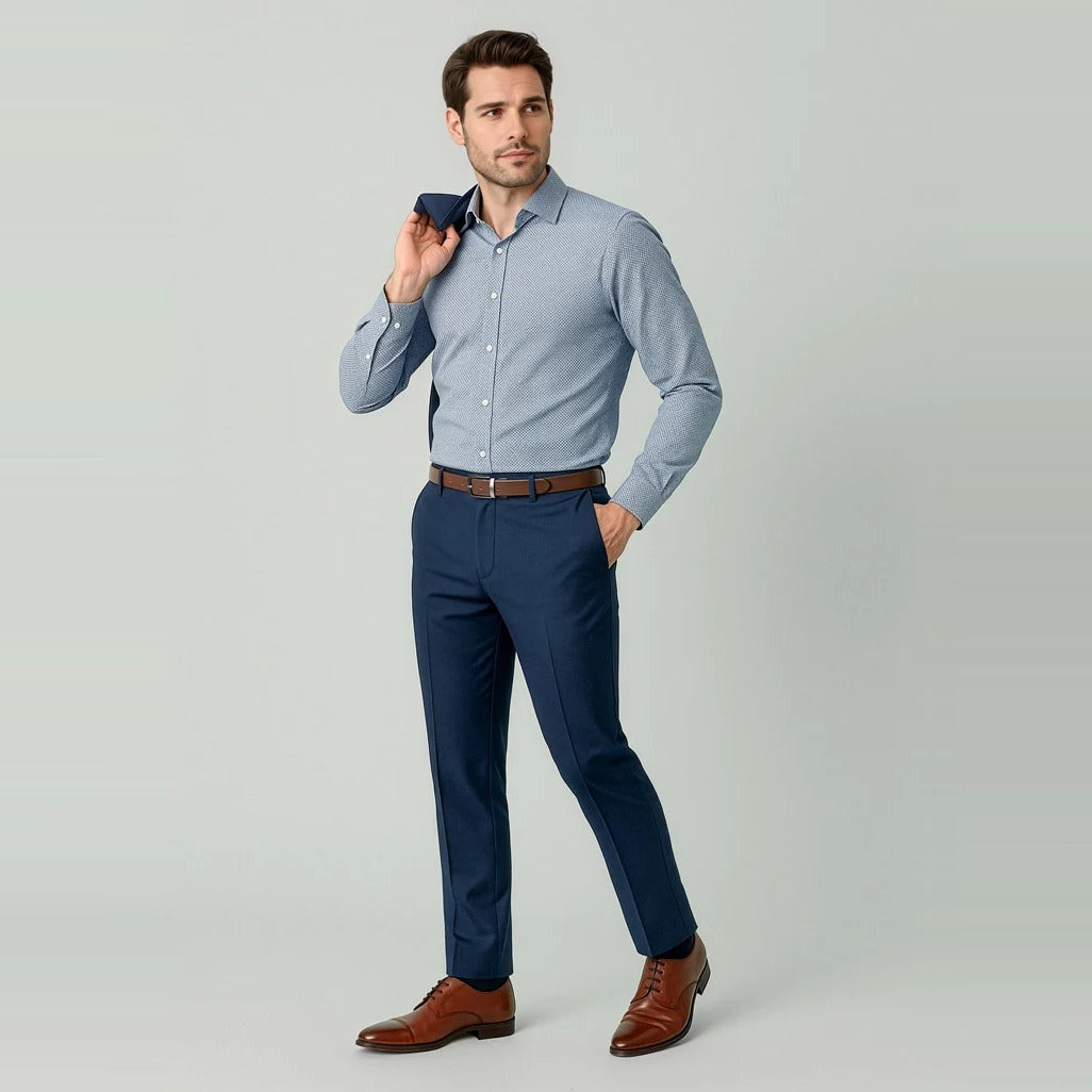 Renew Mens Slim Fit Flat Front Pant RGP407M worn by model in Navy Dusk