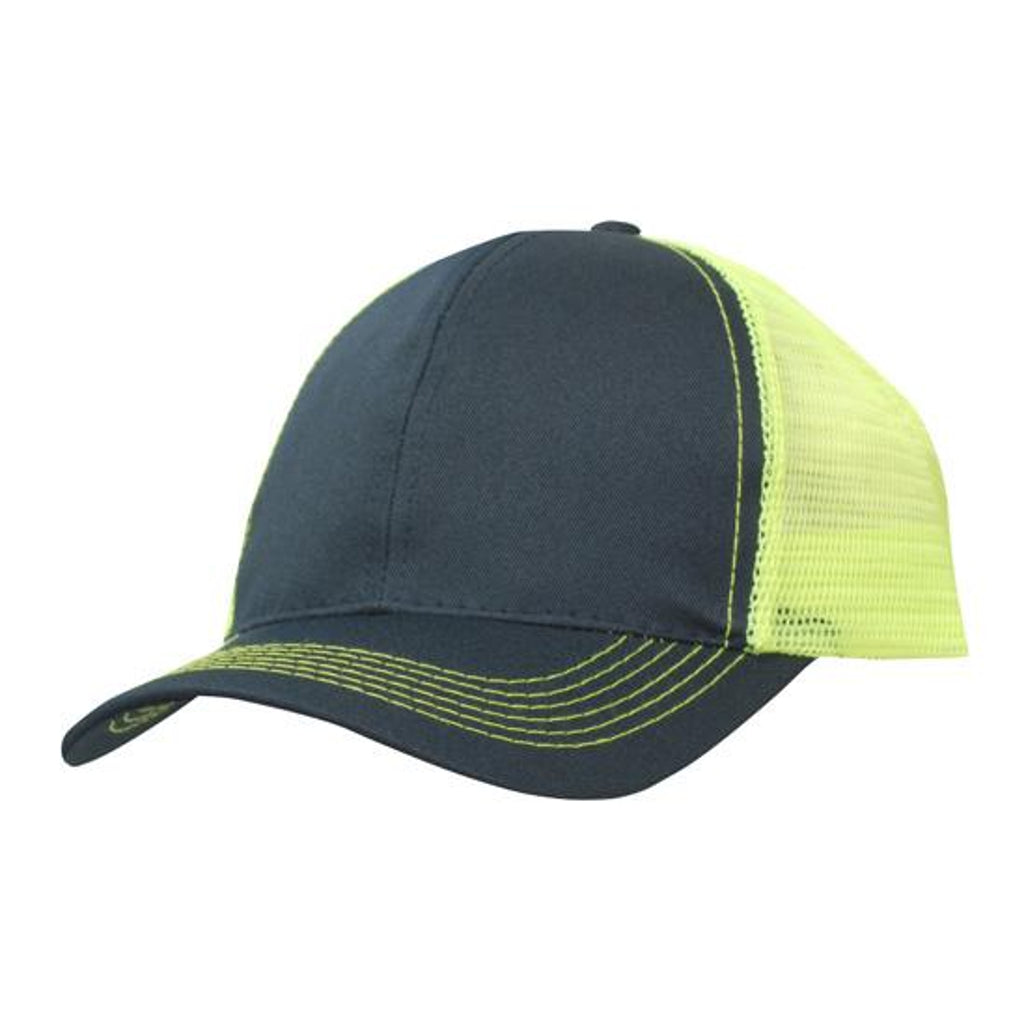 Breathable Poly Twill Cap with Mesh Back 3819 in Navy/Hi-Vis Green