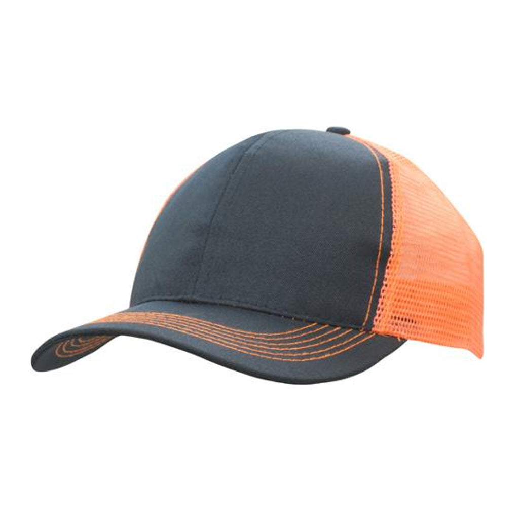 Breathable Poly Twill Cap with Mesh Back 3819 in Navy/Hi-Vis Orange