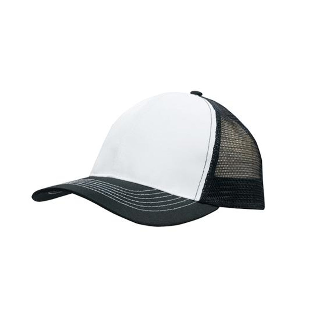 Breathable Poly Twill Cap with Mesh Back 3819 in White/Black