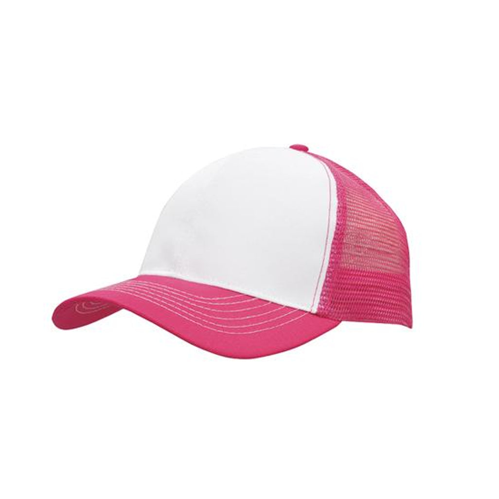 Breathable Poly Twill Cap with Mesh Back 3819 in White/Hot Pink