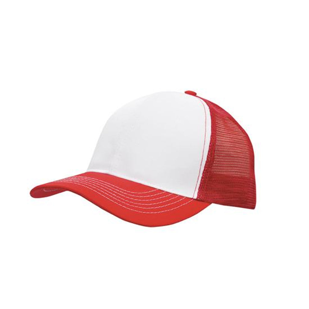 Breathable Poly Twill Cap with Mesh Back 3819 in White/Red