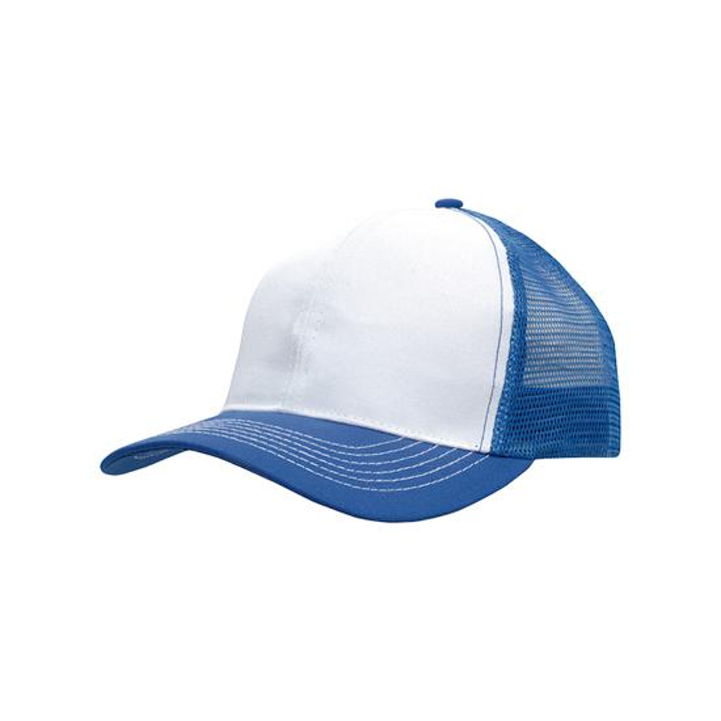 Breathable Poly Twill Cap with Mesh Back 3819 in White/Royal
