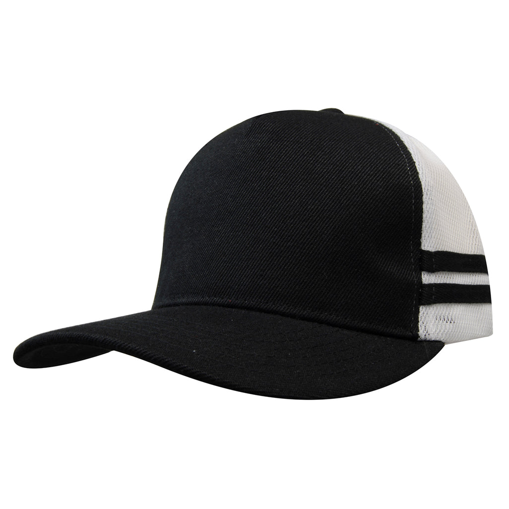 Premium Twill Mesh Deep Fit Trucker Cap with Stripes 3995 in Black/White/Black