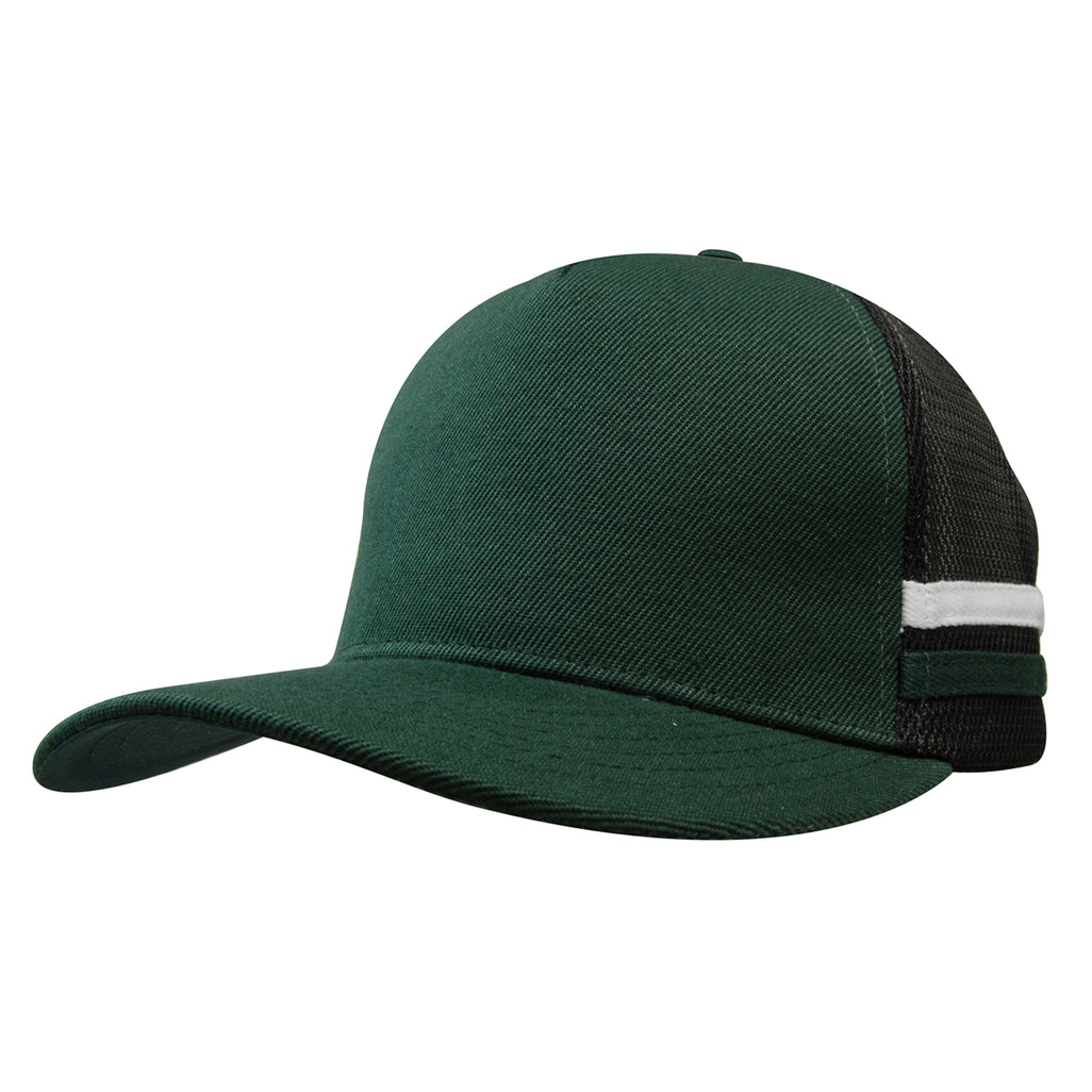 Premium Twill Mesh Deep Fit Trucker Cap with Stripes 3995 in Bottle/Black/White