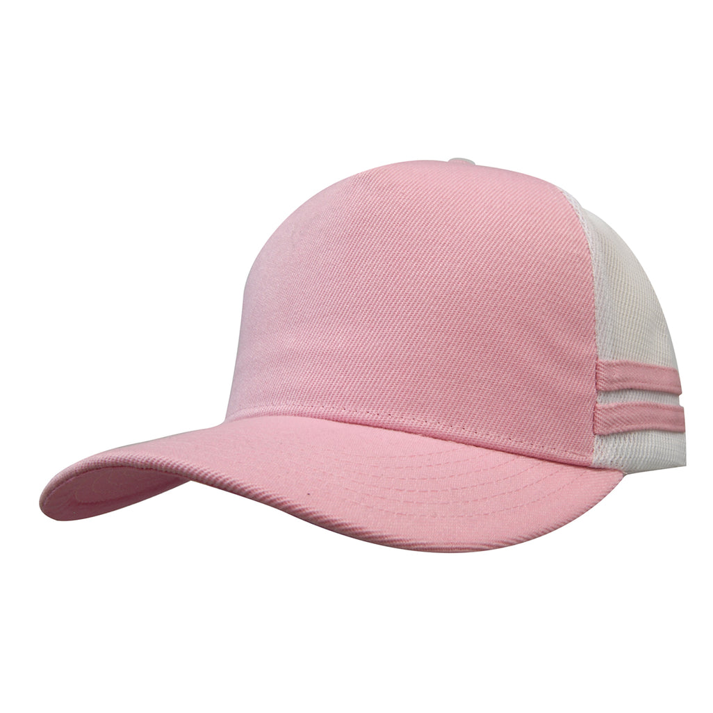 Premium Twill Mesh Deep Fit Trucker Cap with Stripes 3995 in Light Pink/White