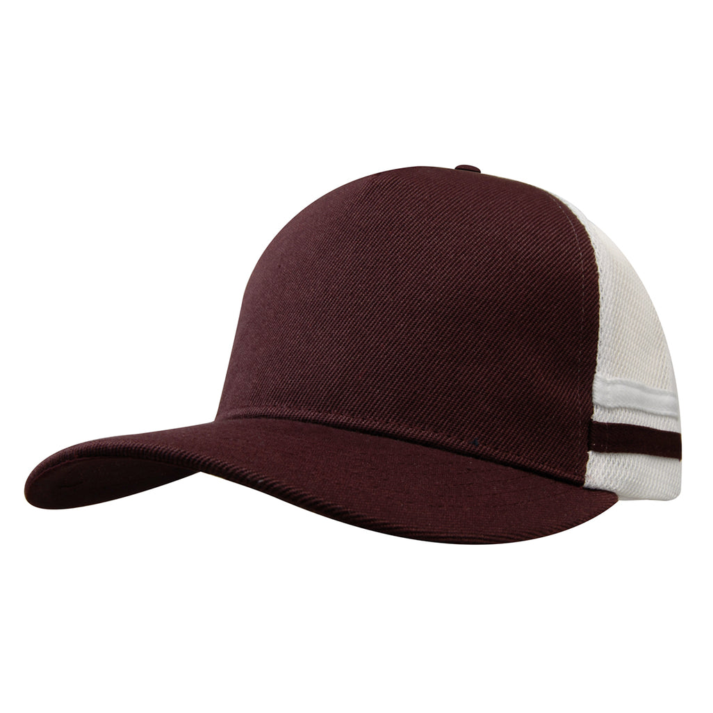 Premium Twill Mesh Deep Fit Trucker Cap with Stripes 3995 in Maroon/White/Maroon