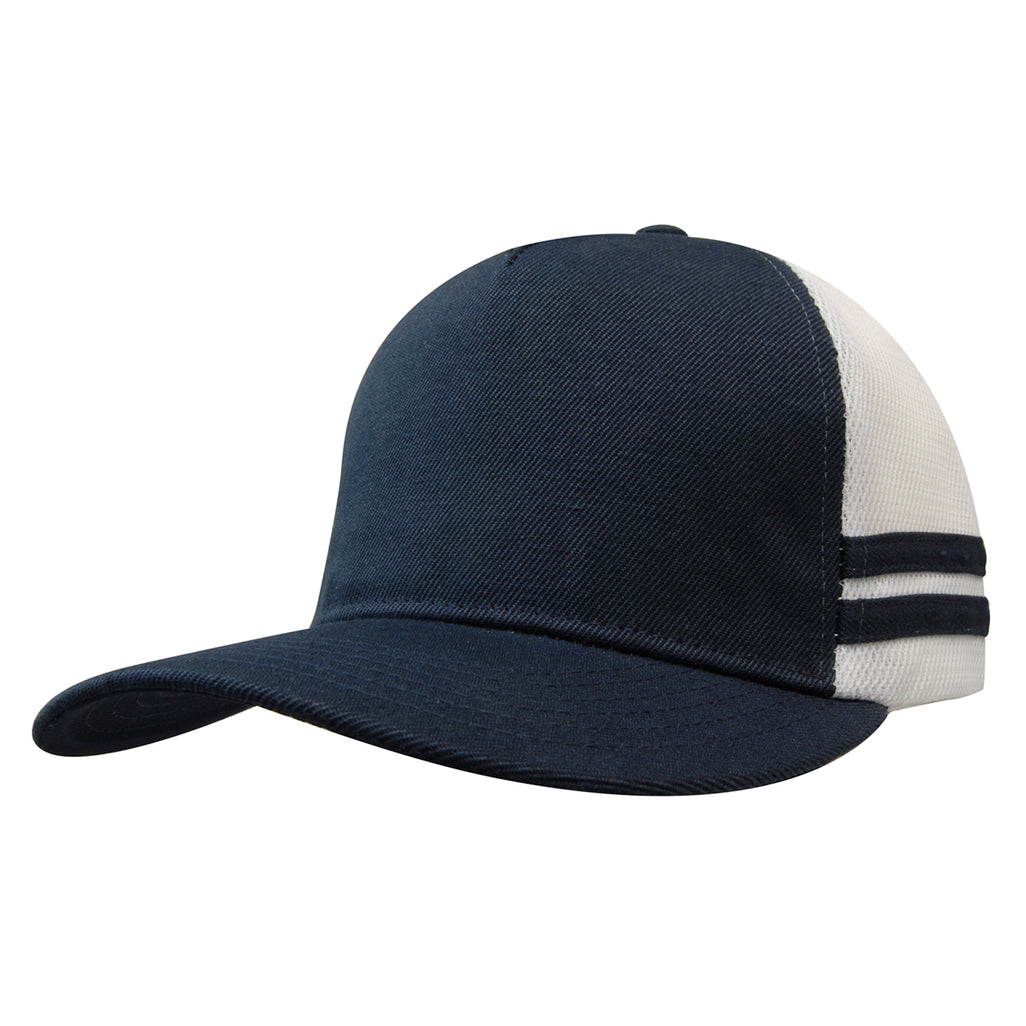 Premium Twill Mesh Deep Fit Trucker Cap with Stripes 3995 in Navy/White/Navy