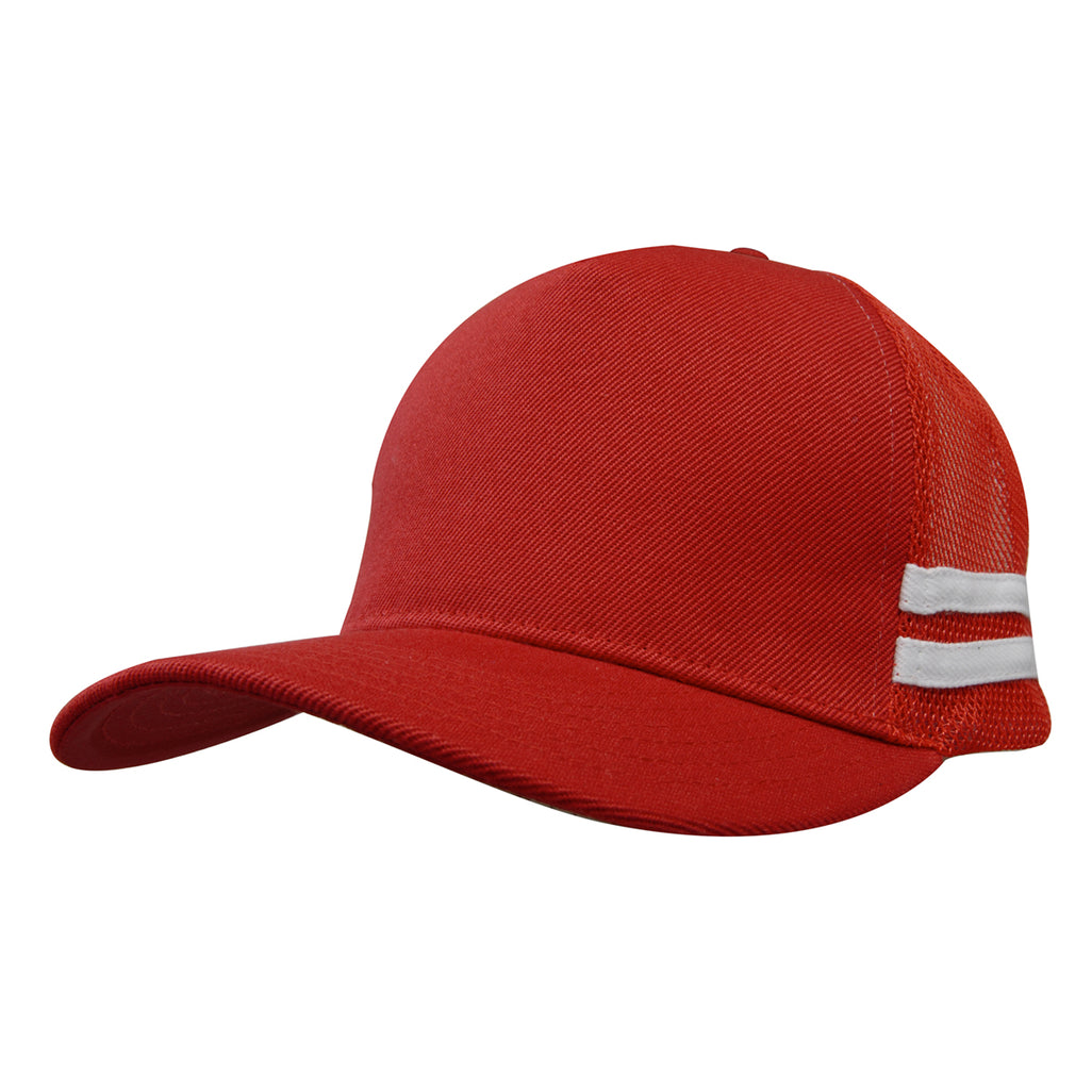 Premium Twill Mesh Deep Fit Trucker Cap with Stripes 3995 in Red/White