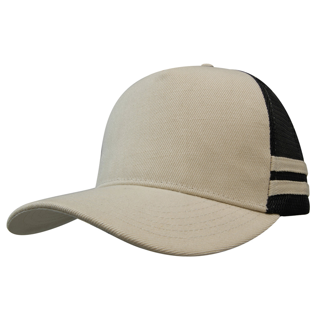 Premium Twill Mesh Deep Fit Trucker Cap with Stripes 3995 in Stone/Black