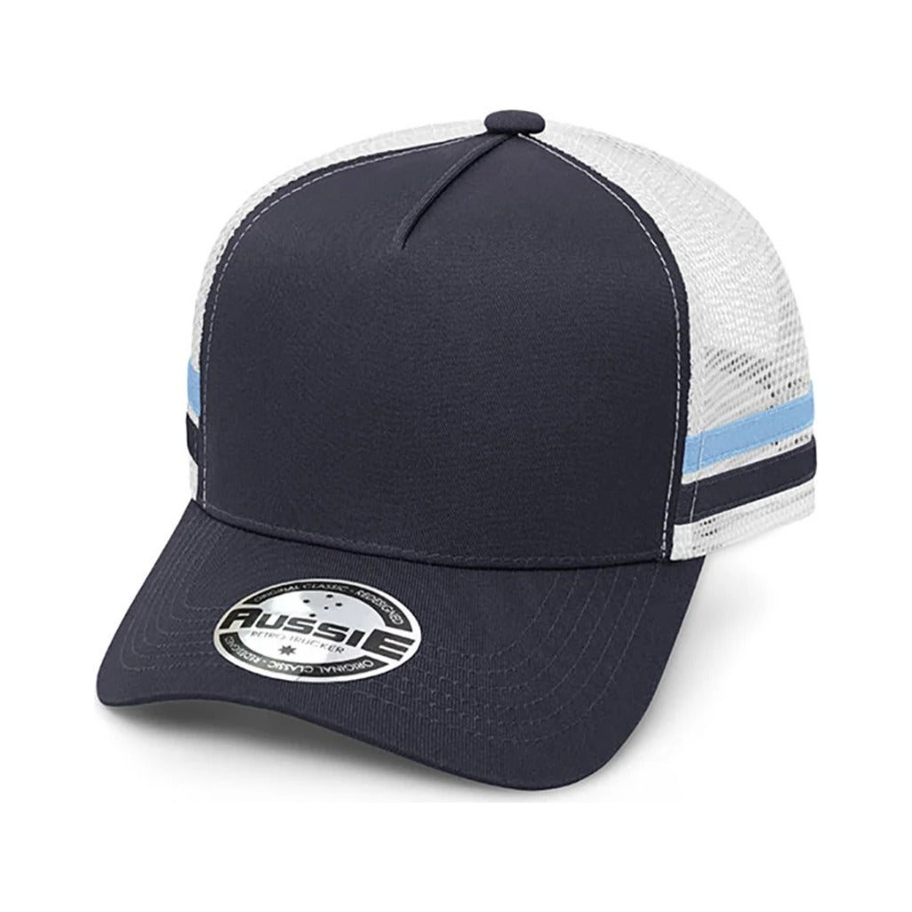 Kids A-Frame Striped Trucker Cap AH458 in Navy/White/Sky