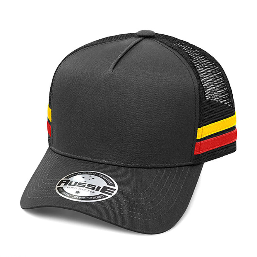 A-Frame Striped Trucker Cap AH456 in Black/Yellow/Red