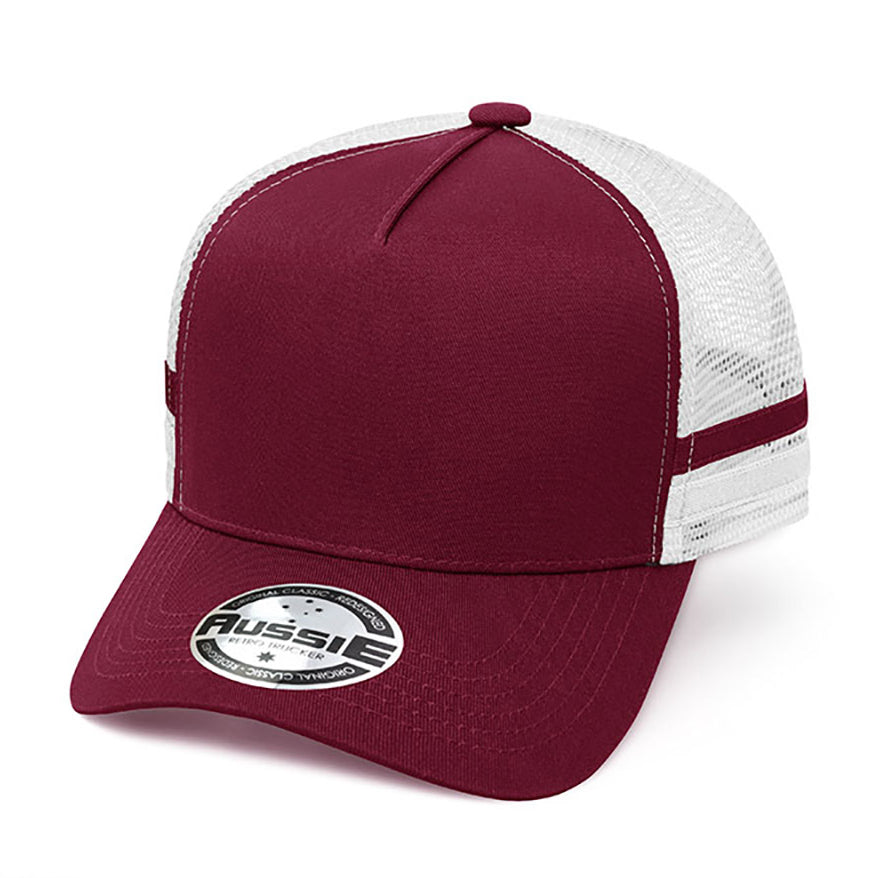 A-Frame Striped Trucker Cap AH456 in Maroon/White