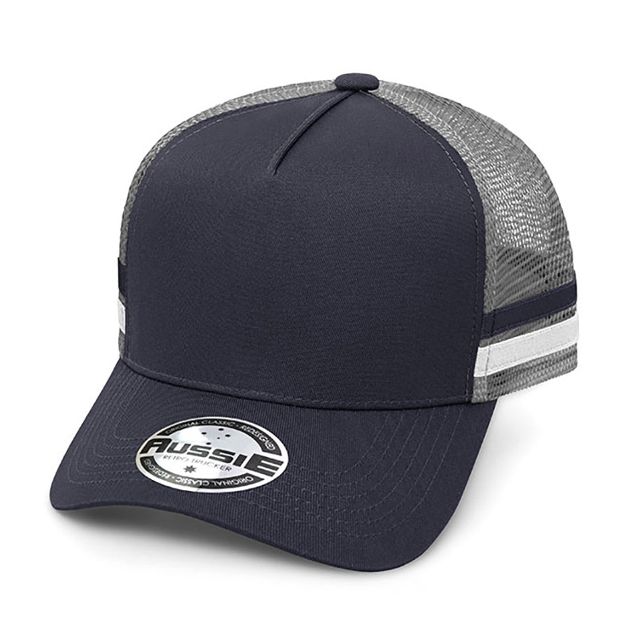 A-Frame Striped Trucker Cap AH456 in Navy/Grey/White