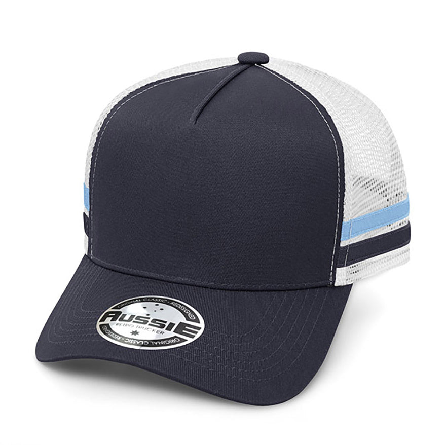 A-Frame Striped Trucker Cap AH456 in Navy/White/Sky