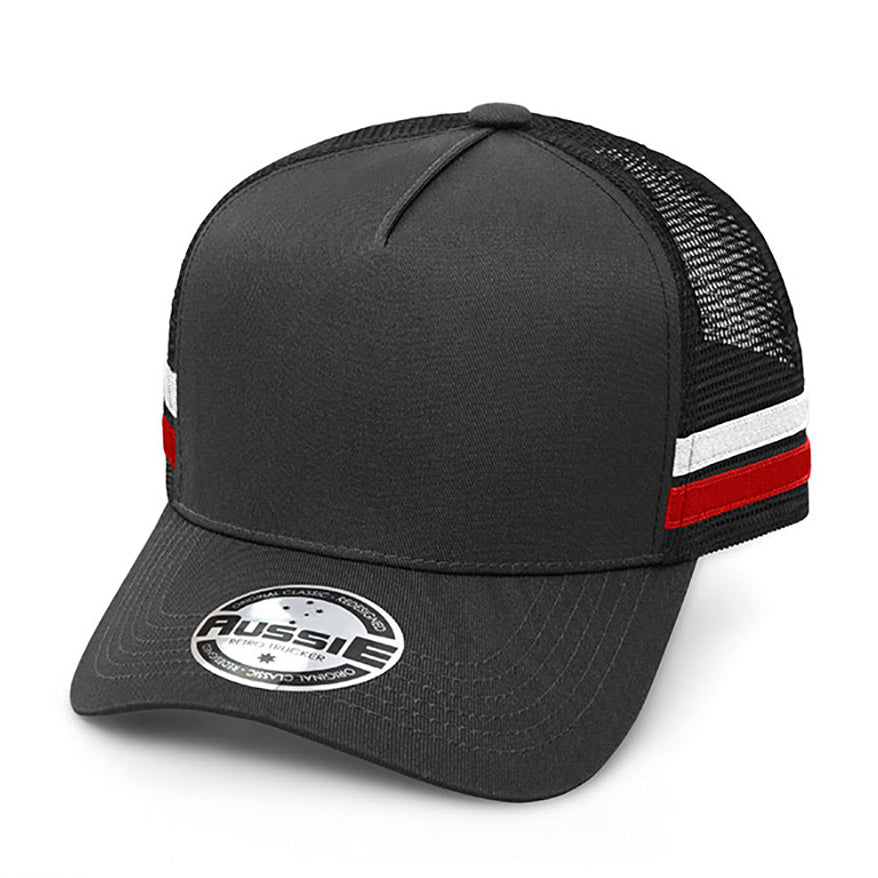 Kids A-Frame Striped Trucker Cap AH458 in Black/White/Red