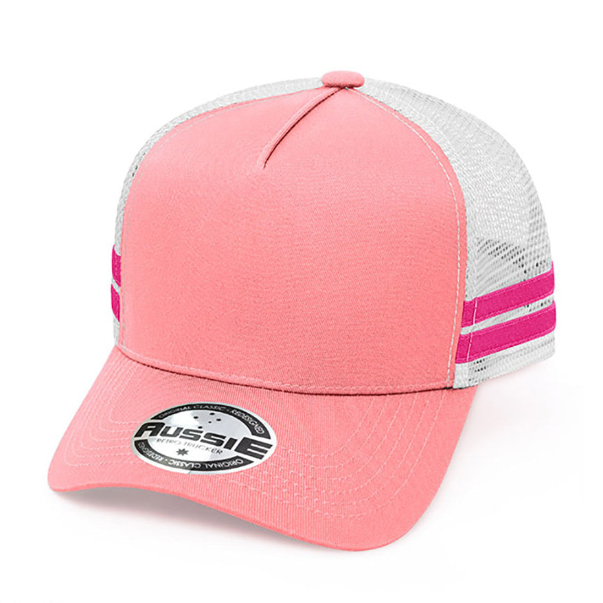 Kids A-Frame Striped Trucker Cap AH458 in Pink/White/Hot Pink